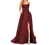 Womens Prom Dresses Causal Spaghetti Strap High Split Bridesmaid Wedding Dress Fashion Elegant Pleated Swing Dresses Evening Beach Sundress with Pockets Ladies Long Dresses S-XXXL