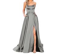 Womens Prom Dresses Causal Spaghetti Strap High Split Bridesmaid Wedding Dress Fashion Elegant Pleated Swing Dresses Evening Beach Sundress with Pockets Ladies Long Dresses S-XXXL