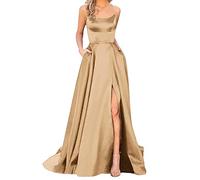 Womens Prom Dresses Causal Spaghetti Strap High Split Bridesmaid Wedding Dress Fashion Elegant Pleated Swing Dresses Evening Beach Sundress with Pockets Ladies Long Dresses S-XXXL