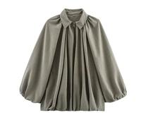Womens Puffer Bomber Jacket Long Balloon Sleeve, Casual Batwing Sleeve Lapel Collar Zip Front Pleated Shirts,Oversized Streetwear (Gray,S)