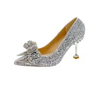 Women's Rhinestone Wedding Shoes Buckle Decorative Banquet High Heels Gold Silver Red(8.5cm - Silver,37)