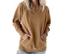 Women's Ribbed Accent Pocketed Pullover, Lightweight Sweatshirt, Fall Sweatshirts for Women, No Hood, Splicing Solid Pullover Tops (Brown,S)