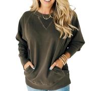 Women's Ribbed Accent Pocketed Pullover, Lightweight Sweatshirt, Fall Sweatshirts for Women, No Hood, Splicing Solid Pullover Tops (Dark Brown,S)