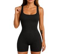 Women's Ribbed Knit Bodysuit Sleeveless Square Neck Bodycon Jumpsuit Casual Gym Wear Grey Romper for Summer Party Club Night Out Fitted One Piece