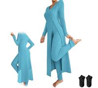 Women's Ribbed Knit Two Piece Set,Casual Round Neck Soft Comfort Fit Long Sleeve Slit Top and High Waist Pants Lounge Outfit (Blue, L)