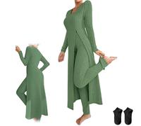 Women's Ribbed Knit Two Piece Set,Casual Round Neck Soft Comfort Fit Long Sleeve Slit Top and High Waist Pants Lounge Outfit (Green, XL)