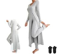 Women's Ribbed Knit Two Piece Set,Casual Round Neck Soft Comfort Fit Long Sleeve Slit Top and High Waist Pants Lounge Outfit (Gray, XXL)