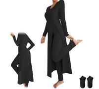 Women's Ribbed Knit Two Piece Set,Casual Round Neck Soft Comfort Fit Long Sleeve Slit Top and High Waist Pants Lounge Outfit (Black, XXL)
