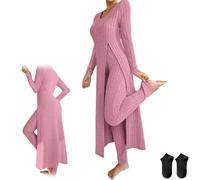 Women's Ribbed Knit Two Piece Set,Casual Round Neck Soft Comfort Fit Long Sleeve Slit Top and High Waist Pants Lounge Outfit (Pink, XL)
