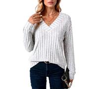 Women's Ribbed Knit V Neck Sweater Long Sleeve Casual Solid Color Pullover Tops Fall Winter Soft Stretchy Basic Blouse for Daily Wear Style