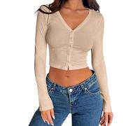Women's Ribbed Long Sleeve V Neck Button Down Crop Top Slim Fit Casual Basic Tee Shirt Fall Winter Fashion Outfits Black Solid Color Trendy