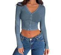 Women's Ribbed Long Sleeve V Neck Button Down Crop Top Slim Fit Casual Basic Tee Shirt Fall Winter Fashion Outfits Black Solid Color Trendy