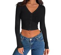 Women's Ribbed Long Sleeve V Neck Button Down Crop Top Slim Fit Casual Basic Tee Shirt Fall Winter Fashion Outfits Black Solid Color Trendy