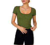 Women's Ribbed Square Neck Short Sleeve T Shirt Summer Slim Fit Basic Tee Casual Stretchy Crop Top Solid Color Tight Fitted Blouse for Girls