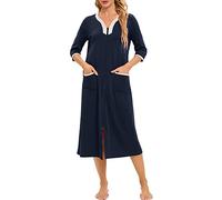 Womens Robes 3/4 Sleeves Solid Color Bathrobe Soft Sleepwear Ladies Loungewear with Pockets Blue XL