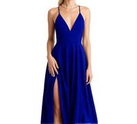 Women's Royal Blue Spaghetti Strap Maxi Dress Deep V Neck High Slit Asymmetrical Hem Flowy Summer Evening Party Cocktail Gown Elegant Beach Vacation Sundress for Ladies