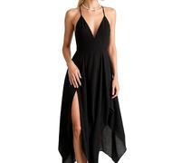 Women's Royal Blue Spaghetti Strap Maxi Dress Deep V Neck High Slit Asymmetrical Hem Flowy Summer Evening Party Cocktail Gown Elegant Beach Vacation Sundress for Ladies