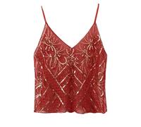 Women's Sequin Camisole Top - Criss Cross Back V Neck Halter | Y2K Glitter Cami with Beaded Straps | Festival & Night Out Vest (Red)