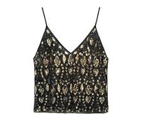 Women's Sequin Camisole Top - Criss Cross Back V Neck Halter | Y2K Glitter Cami with Beaded Straps | Festival & Night Out Vest (Black Gold)
