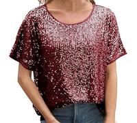 Women's Sequin Tops Sparkly Short Sleeve Glitter Loose Shirt Boat Neck Top Carnival Sparkly Blouse Evening Party Glitter Shirts B-40