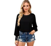 Women's Sequin Trim Long Sleeve Top Casual Crew Neck Loose Fit Blouse Sparkly Cuff and Hem Tunic Shirt for Party Club Daily Wear