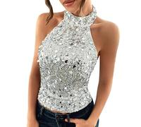 Women's Sexy Sequins Halterneck Short Tank Tops, Sparkle Glitter Sleeveless Turtleneck Party Club Festival Vest Blouse(Black,XL)