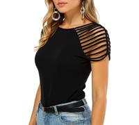Women's Sexy Slim Fit Hollow Out Strappy Top Trendy Versatile Short Sleeve Round Neck T-Shirt Black Casual Summer Blouse for Party Club