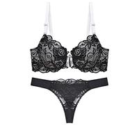 Women's Sexy Thin Cup Lace Bra Set Shaped Push Up Underwear, Black, M/85BC(Red,42B-C XL)