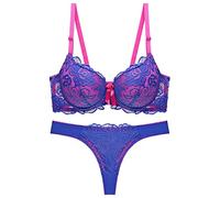 Women's Sexy Thin Cup Lace Bra Set Shaped Push Up Underwear, Black, S/80BC(Blue,42B-C XL)