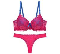 Women's Sexy Thin Cup Lace Bra Set Shaped Push Up Underwear, Hot Pink, 42B-C XL(Red,L/90BC)