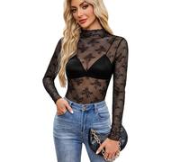 Women's Sheer Lace Long Sleeve Top Floral Embroidery Mesh Mock Neck Blouse Sexy See Through T Shirt Clubwear Party Outfit Casual Layering Piece