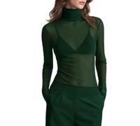 Womens Sheer Mesh Top High Neck Long Sleeve Fitted Layering Style | Close Body Shape Transparent Finish Stand Collar Full Arm Length Minimal Look Adaptable Inner Layer Styling Piece