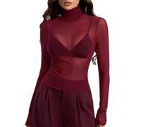 Womens Sheer Mesh Top High Neck Long Sleeve Fitted Layering Style | Close Body Shape Transparent Finish Stand Collar Full Arm Length Minimal Look Adaptable Inner Layer Styling Piece