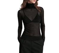 Womens Sheer Mesh Top High Neck Long Sleeve Fitted Layering Style | Close Body Shape Transparent Finish Stand Collar Full Arm Length Minimal Look Adaptable Inner Layer Styling Piece