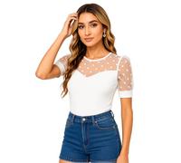 Women's Sheer Polka Dot Mesh Sleeve Top White Round Neck Short Sleeve Blouse Casual Slim Fit Summer T-Shirt for Ladies Fashion