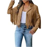 Women's Short Pure Color Fitted Suede Leather Classic Fringe Jacket for Autumn and Winter