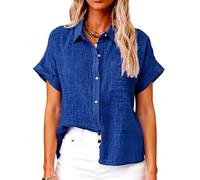 Women's Short Sleeve Linen Shirt Casual Button Down Blouse Loose Fit Solid Color Summer Tops Beach Vacation Outfits Lightweight Breathable Cotton Top