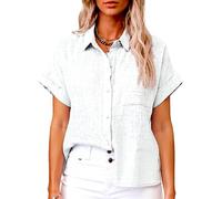Women's Short Sleeve Linen Shirt Casual Button Down Blouse Loose Fit Solid Color Summer Tops Beach Vacation Outfits Lightweight Breathable Cotton Top