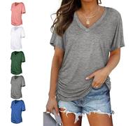 Womens Short Sleeve V Neck Dolman Tops with Side Shirring Casual Loose Fit Solid Color Ruched T-Shirts Summer Tees (Gray,M)
