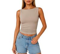 Women's Sleeveless Boat Neck Crop Top Slim Fit Ruched Tank Top Casual Summer Basic Tee Stretchy Solid Color Camisole for Party Club Wear White