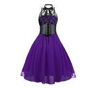 Women's Sleeveless Gothic Lace Dress with Corset Halter Swing Cocktail Costume Purple M