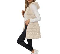 Women's Sleeveless Padded Jacket with Zip, Long Coat, Autumn, Winter, Sleeveless, Warm, Lightweight, Hooded Waistcoat with Pockets