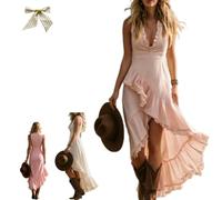 Womens Sleeveless Ruffle Asymmetric Hem Maxi Dress Deep V Neck Front Tiered Ruffle Sundress,Flowy Irregular Ruffle Long Dress (FR/ES, Alpha/Lettres, TG, Taille Normale, Taille Normale, Pink1)