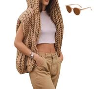 Women's Sleeveless Sweaters Hooded Cardigan, Patchwork Simple Loose Tops Vests, Fall Winter Trendy Casual Knit Open Front