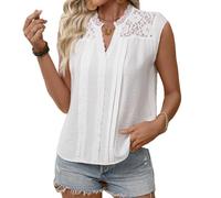 Women's Sleeveless V Neck Lace Trim Blouse Summer Casual Button Down Tank Top Lightweight Crinkle Cotton Shirt Beach Vacation Tops