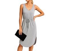 Women's Sleeveless V Neck Summer Dress Casual Drawstring Waist Midi Dress with Pockets Solid Color Loose Fit Beach Vacation Sundress for Ladies