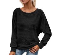 Women's Soft Solid Batwing Sleeve Pullover Long Sleeve Top Crewneck Tunic Pullover Sweaters Casual (Black,3TG)