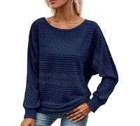 Women's Soft Solid Batwing Sleeve Pullover Long Sleeve Top Crewneck Tunic Pullover Sweaters Casual (Navy,TG)
