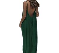 Women's Solid Color Backless Cami Dress, Casual Sleeveless Boho Maxi Dress Spaghetti Strap Ruffle Loose Fit Dresses (Deep Green,Grand)