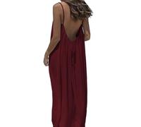 Women's Solid Color Backless Cami Dress, Casual Sleeveless Boho Maxi Dress Spaghetti Strap Ruffle Loose Fit Dresses (Wine Red,M)